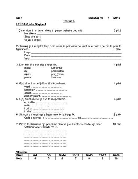 Fletore e vlerësimit të kompetencave - Gjuha shqipe 8. . Test frengjisht klasa 3